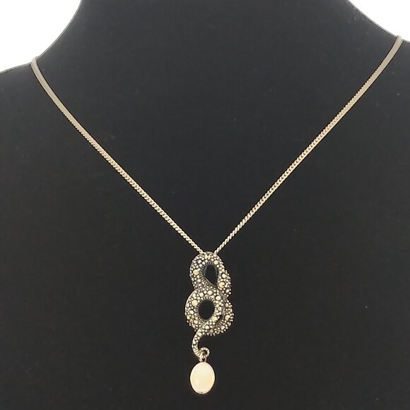 Beguiling Sterling Silver Snake Amulet Necklace w/ Marcasite & Freshwater Pearl - Picture 5 of 10